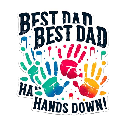 (2 Pack) Best Dad Hands Down Stickers - Dad Appreciation Stickers - Colorful Handprint Stickers - 5" On Longest Side - Sticks to Any Smooth Flat Surface - Made in USA - BMCS2699