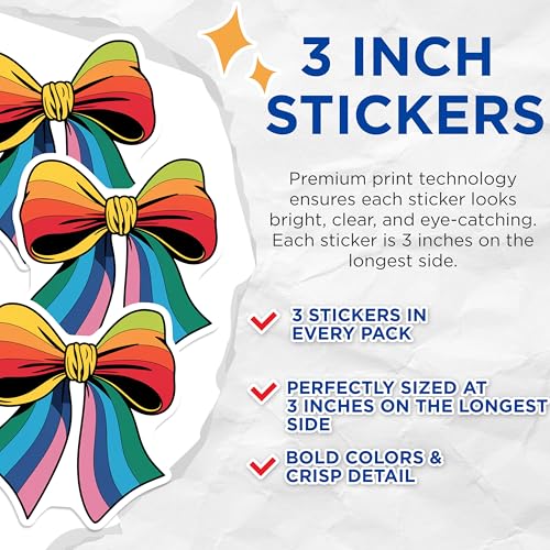 (3 Pack) Rainbow Bow Decals - Laptop Sticker - Colorful Decals - 3 Inches On Longest Side - Easy Peel & Apply - Made in USA - 3MCS7571