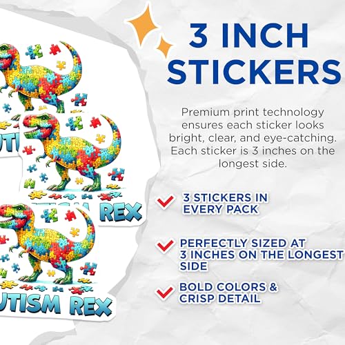 (3 Pack) Autism Rex Decals - Puzzle Dinosaur - Autism Awareness Support - 3 Inches On Longest Side - Easy Peel & Apply - Made in USA - 3MCS6879