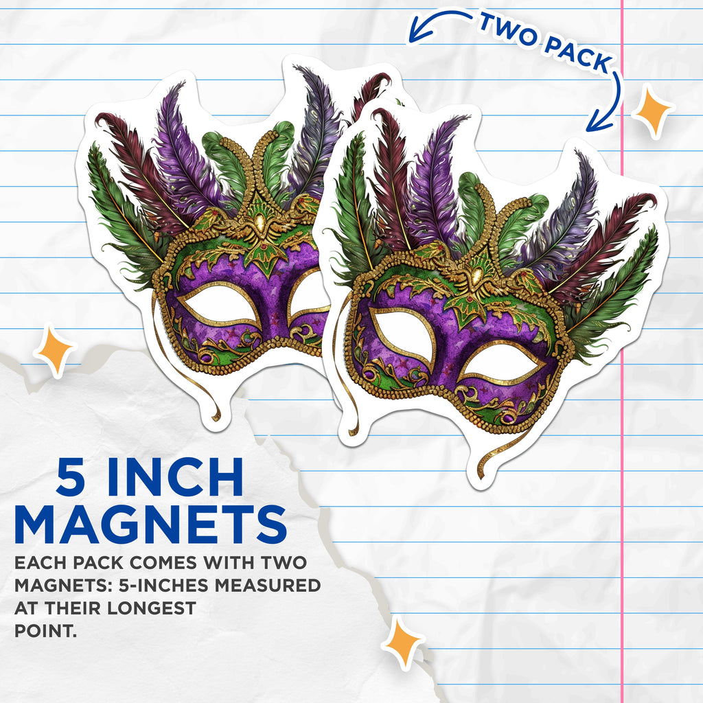 (2 Pack) Mardi Gras Mask Magnets - Venetian Carnival Decor - NOLA Celebration Souvenirs - 5 Inches On Longest Side - Thick Durable Magnet - Made in USA - MAG36509