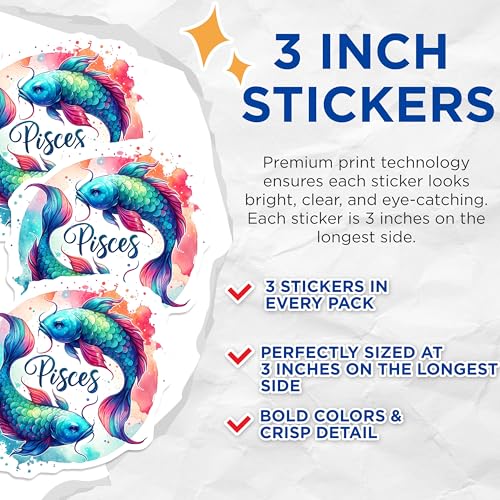 (3 Pack) Pisces Zodiac Decals - Astrology Sign Stickers - Watercolor Fish Art- 3 Inches On Longest Side - Easy Peel & Apply - Made in USA - 3MCS5789