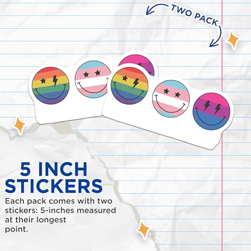 (2 Pack) Rainbow Lightning Bolt Smile Stickers - Trans Pride Star Eyes Sticker - Bi Pride Lightning Bolt Smile - 5" On Longest Side - Sticks to Smooth Flat Surfaces - Made in USA - BMCS6563
