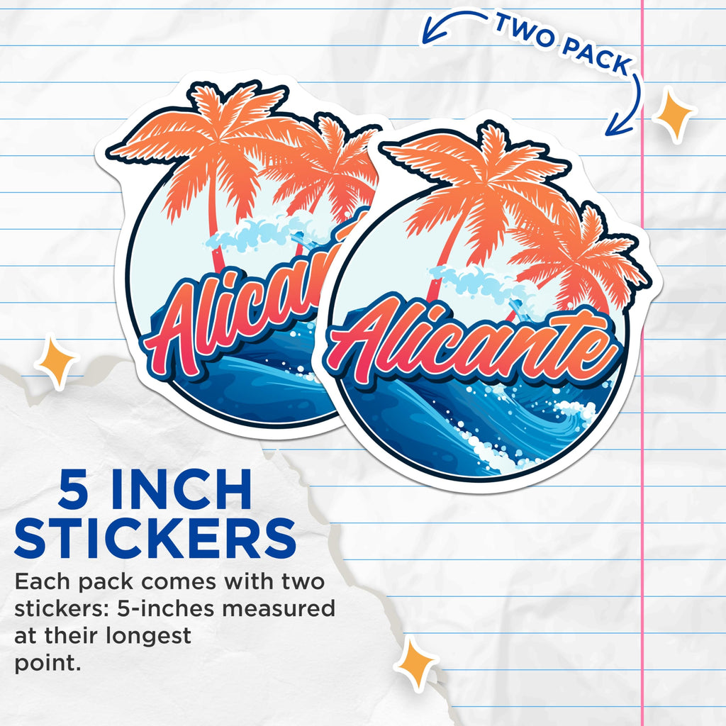 (2 Pack) Alicante Stickers - Spain Travel - Coastal City Decals - 5" On Longest Side - Sticks to Smooth Flat Surfaces - Made in USA - BMCS18707