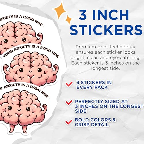 (3 Pack) Brain Decals - Funny Anxiety Quote Stickers - Mental Health Awareness Laptop Decals - 3 Inches On Longest Side - Easy Peel & Apply - Made in USA - 3MCS2033