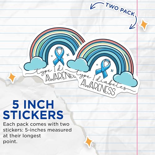 (2 Pack) Type 1 Diabetes Awareness Stickers - Rainbow Design - Medical Support Stickers - 5" On Longest Side - Sticks to Smooth Flat Surfaces - Made in USA - BMCS3825