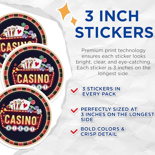 (3 Pack) Casino Night Decals - Poker Cards Stickers - Gambling Laptop Decal- 3 Inches On Longest Side - Easy Peel & Apply - Made in USA - 3MCS5259