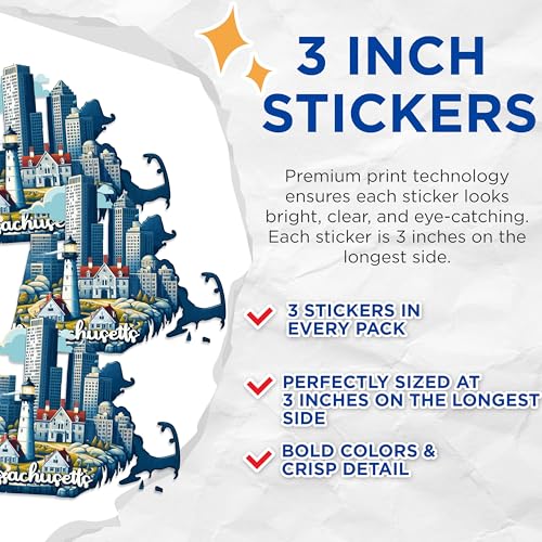 (3 Pack) Massachusetts Decals - Boston Skyline - Cape Cod Decor - 3 Inches On Longest Side - Easy Peel & Apply - Made in USA - 3MCS0143