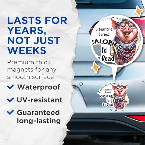 (2 Pack) Funny Pig Magnets - Overthinking Situations Burning Calories Magnets - Quirky Animal Magnets for Refrigerator- 5" On Longest Side - for Fridges, Toolboxes, Cars - Made in USA - MAG2928