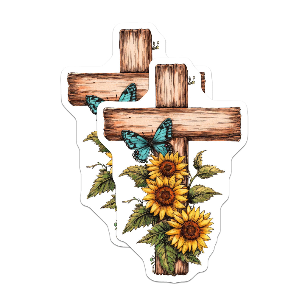 (2 Pack) Sunflower Cross Stickers - Butterfly Cross Decal - Christian Faith Sticker - 5" On Longest Side - Sticks to Smooth Flat Surfaces - Made in USA - BMCS8737 - Religious Inspirational Sticker