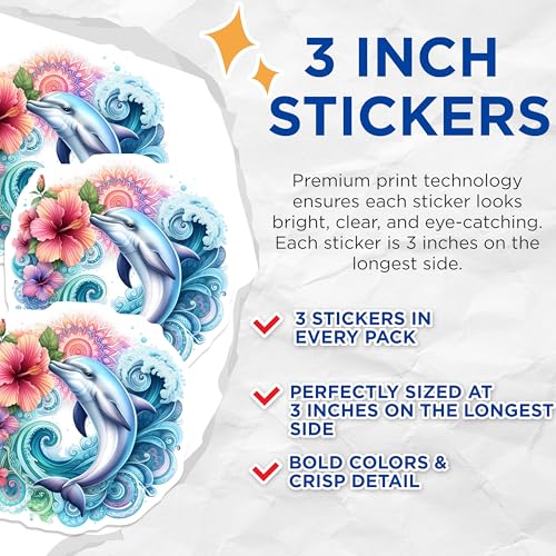 (3 Pack) Dolphin Decals - Hibiscus Flower Stickers - Ocean Wave Laptop - 3 Inches On Longest Side - Easy Peel & Apply - Made in USA - 3MCS8253