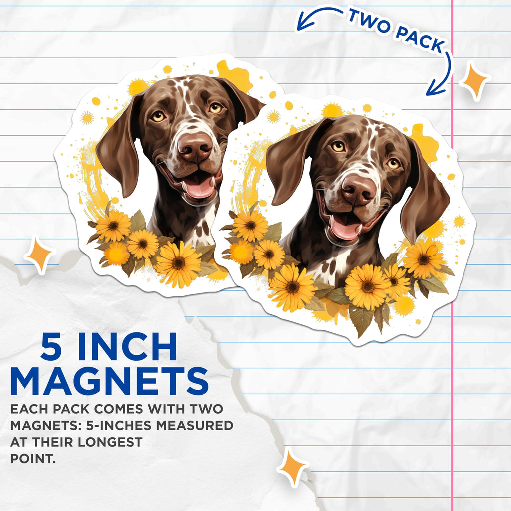 (2 Pack) German Shorthaired Pointer Magnets - Dog Lover Sunflowers Decor - Happy Pet Mom Kitchen Accent - 5 Inches On Longest Side - Thick Durable Magnet - Made in USA - MAG29241