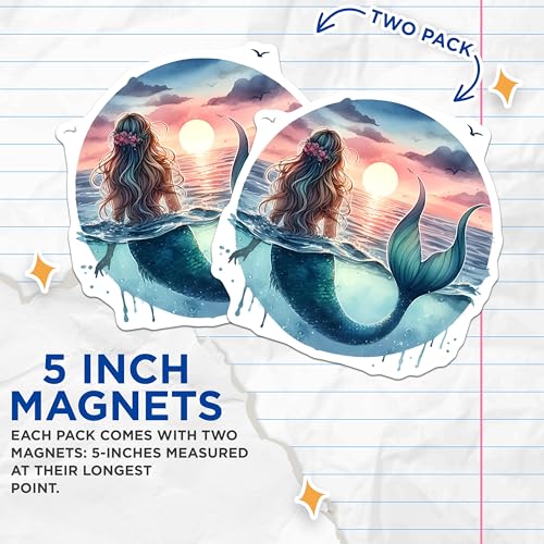 (2 Pack) Mermaid Ocean Sunset Magnets Magnets - Coastal Home Decor - Fantasy Beach Art - 5" On Longest Side - Made in USA - Sticks to Refrigerators & Metal Surfaces - MAG9296