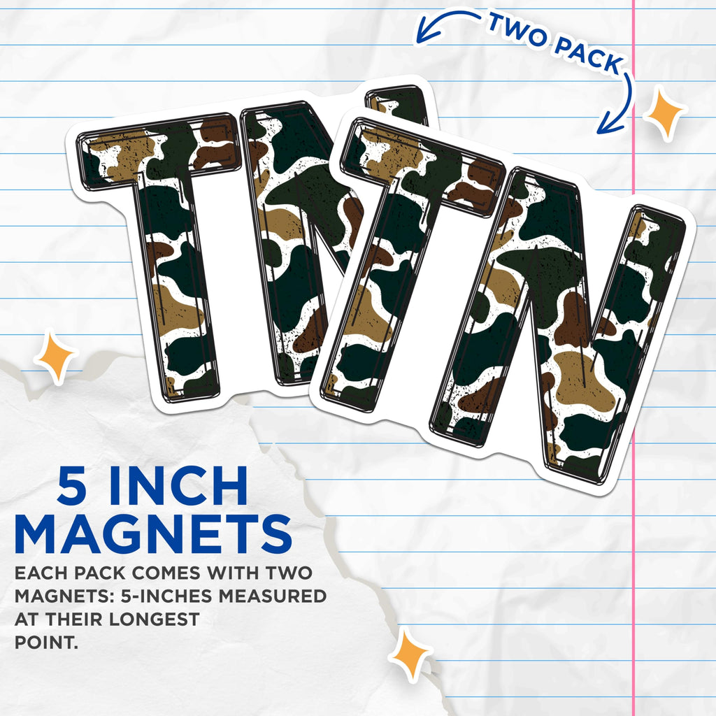 (2 Pack) Camouflage TIN Magnets - Military Style Refrigerator Decor - Distressed Army Pattern Locker Magnet - 5 Inches On Longest Side - Thick Durable Magnet - Made in USA - MAG20381