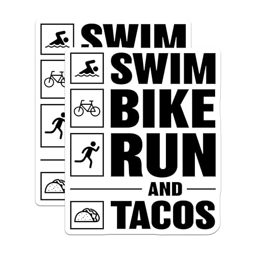 (2 Pack) Swim Bike Run and Tacos Stickers - Funny Athletic Sticker - Triathlon and Food Lover Decal - 5" On Longest Side - Sticks to Smooth Flat Surfaces - Made in USA - BMCS6255
