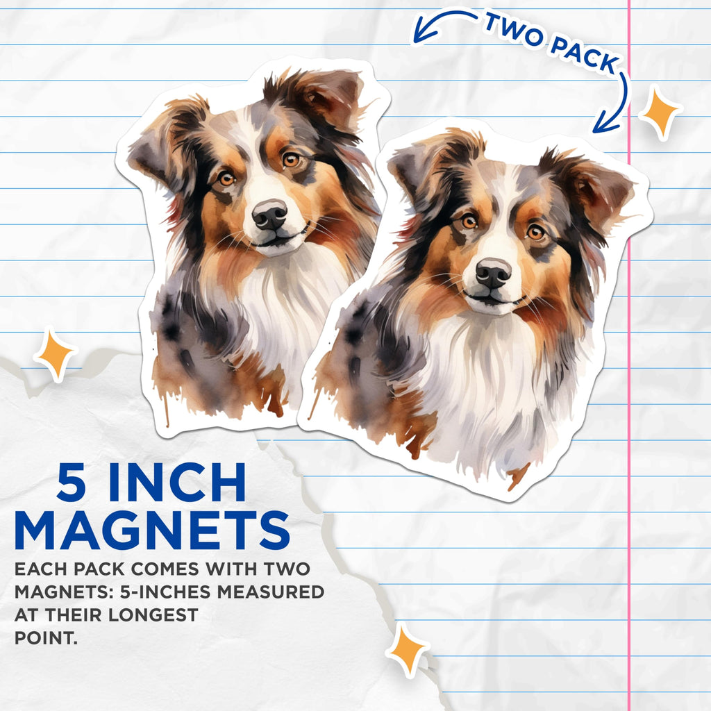 (2 Pack) Australian Shepherd Magnets - Watercolor Dog Art - Aussie Dog Mom Present - 5 Inches On Longest Side - Thick Durable Magnet - Made in USA - MAG28936