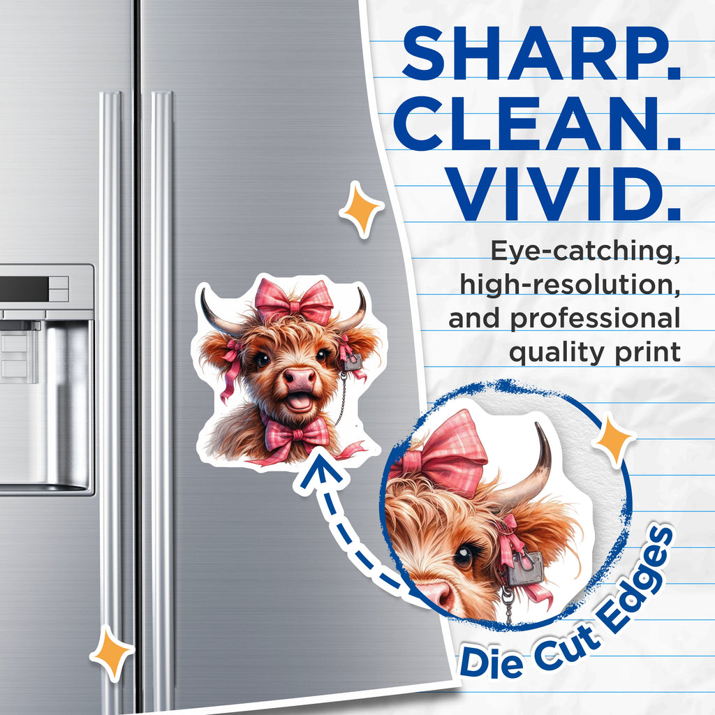 (2 Pack) Highland Cow Magnets - Adorable Pink Bow Baby Calf - Farmhouse Country Kitchen Refrigerator Decor - 5 Inches On Longest Side - Thick Durable Magnet - Made in USA - MAG39054