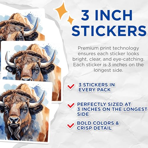 (3 Pack) Bison Decals - American Buffalo - Watercolor Art - 3 Inches On Longest Side - Easy Peel & Apply - Made in USA - 3MCS7444