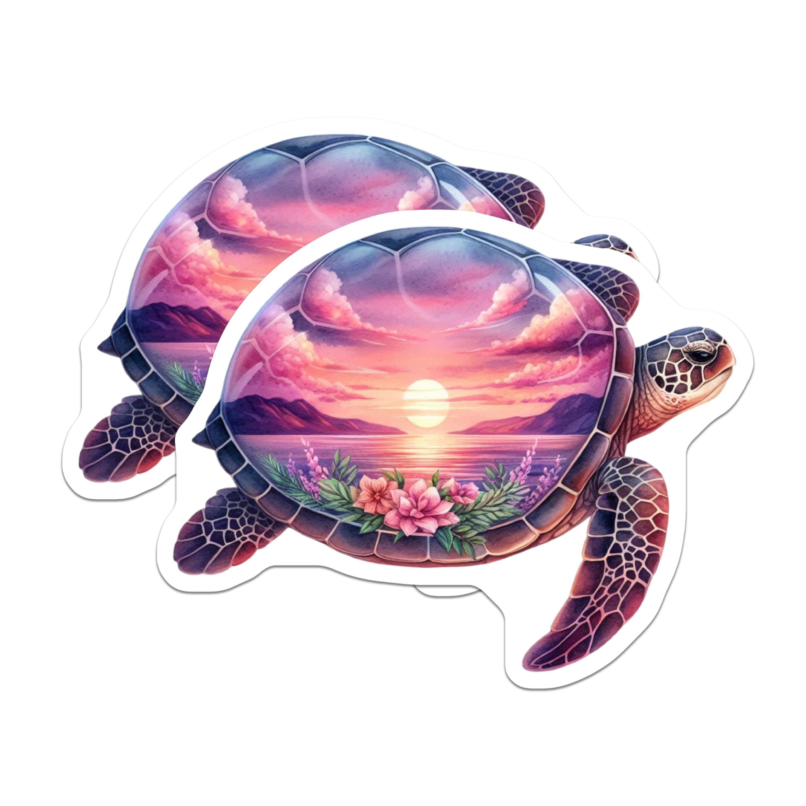 (2 Pack) Sea Turtle Magnets - Ocean Sunset Landscape - Serene Marine Life Art - Tropical Flower Decor - Beach House Aesthetic - 5 Inches On Longest Side - Thick Durable Magnet - Made in USA - MAG21378