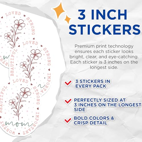 (3 Pack) Mom Flower Decals - Loved Strong Beautiful - Mother's Day Decals- 3 Inches On Longest Side - Easy Peel & Apply - Made in USA - 3MCS5622
