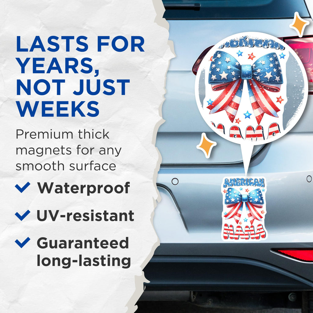 (2 Pack) American Mama Magnets - Patriotic Bow - USA Pride Decor - 4th of July - Independence Day - Mothers Day - 5" On Longest Side - for Cars, Fridges, Toolboxes - Made in USA - MAG7437