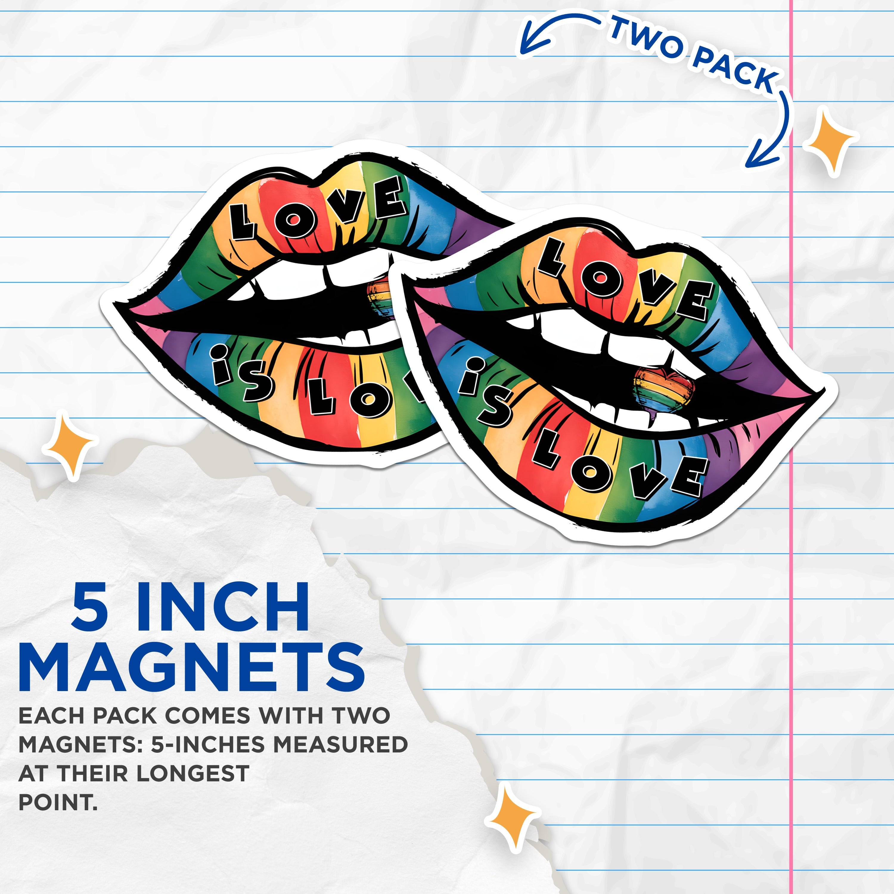 (2 Pack) Love is Love Rainbow Lips Magnets - LGBTQ Pride Fridge Decor - Equality Statement Art - 5 Inches On Longest Side - Thick Durable Magnet - Made in USA - MAG36669