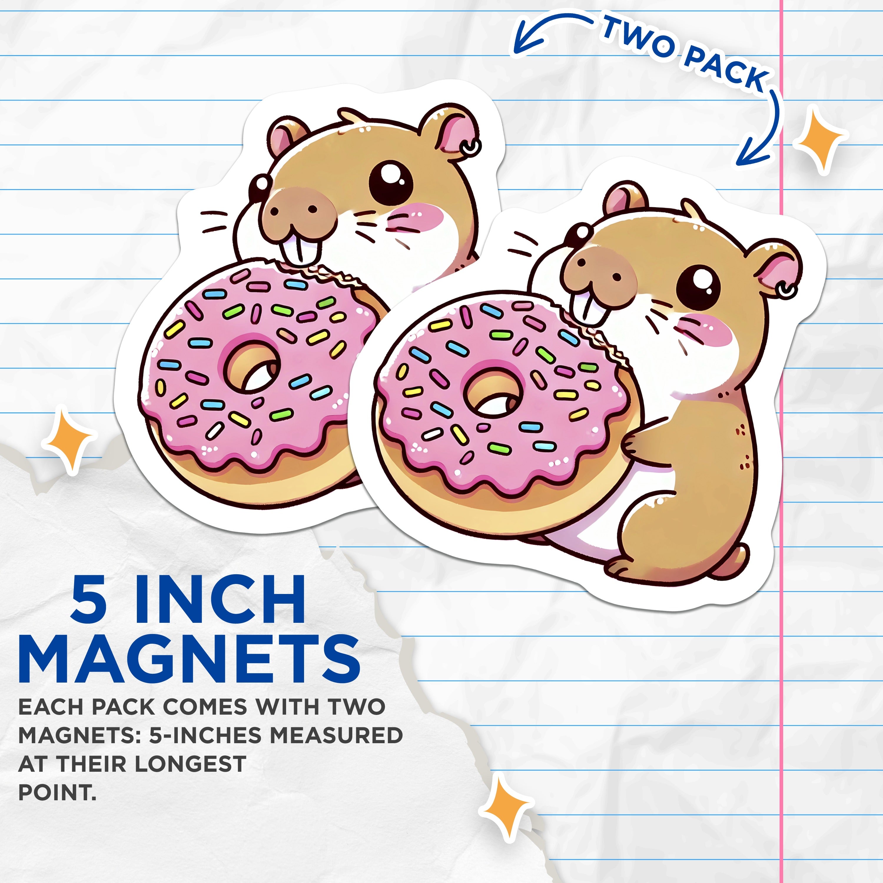 (2 Pack) Hamster Donut Magnets - Cute Kawaii Pet - Foodie Animal Lover Fridge Decor - 5 Inches On Longest Side - Thick Durable Magnet - Made in USA - MAG39189