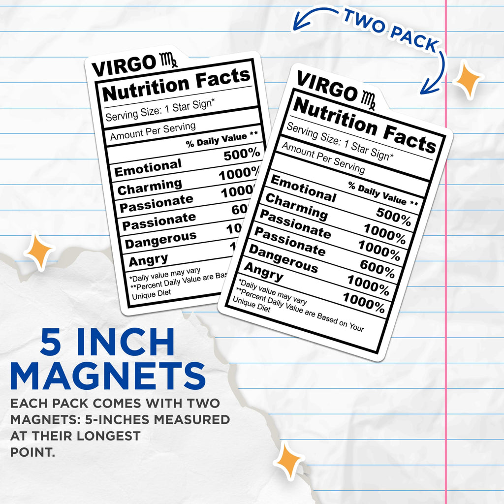 (2 Pack) Virgo Nutrition Facts Magnets - Zodiac Sign - Astrology Refrigerator Magnets - 5" On Longest Side - Premium Magnet - for Cars, Refrigerators, Toolboxes, Lockers - Made in USA - MAG16095
