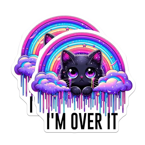 (2 Pack) Rainbow Cat I'm Over It Stickers - Cute Cat Stickers - Rainbow Dripping Stickers - 5" On Longest Side - Sticks to Smooth Flat Surfaces - Made in USA - BMCS4586