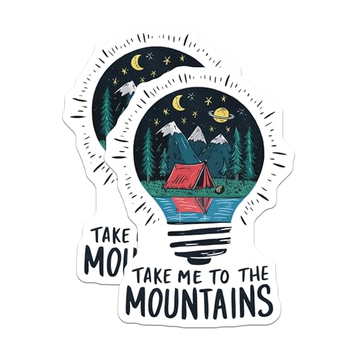 (2 Pack) Take Me to The Mountains Stickers - Camping Adventure Stickers - Nature Outdoor Hiking Stickers - 5" On Longest Side - Sticks to Smooth Flat Surfaces - Made in USA - BMCS4057