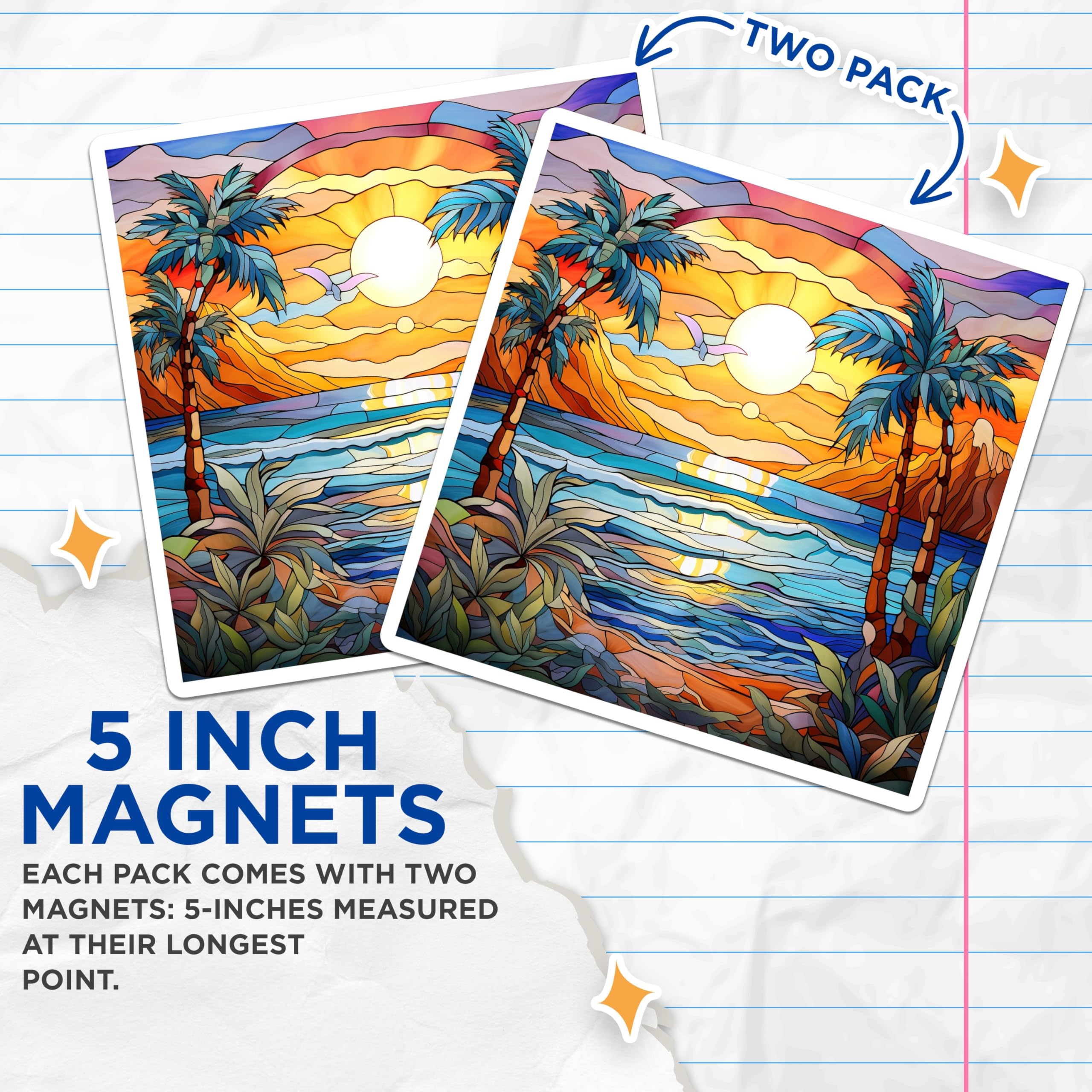 (2 Pack) Tropical Sunset Magnets - Stained Glass Palm Tree - Beach Ocean Decor - 5 Inches On Longest Side - Thick Durable Magnet - Made in USA - MAG29559