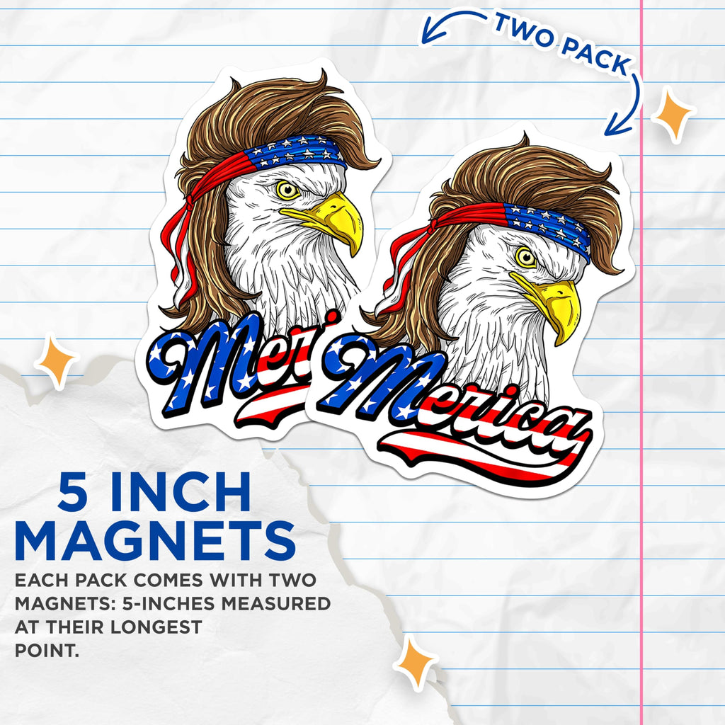 (2 Pack) Merica Eagle Magnets - Mullet Bald Eagle USA - Patriotic Freedom Spirit Refrigerator Locker Accent Decoration - 5 Inches On Longest Side - Thick Durable Magnet - Made in USA - MAG24469