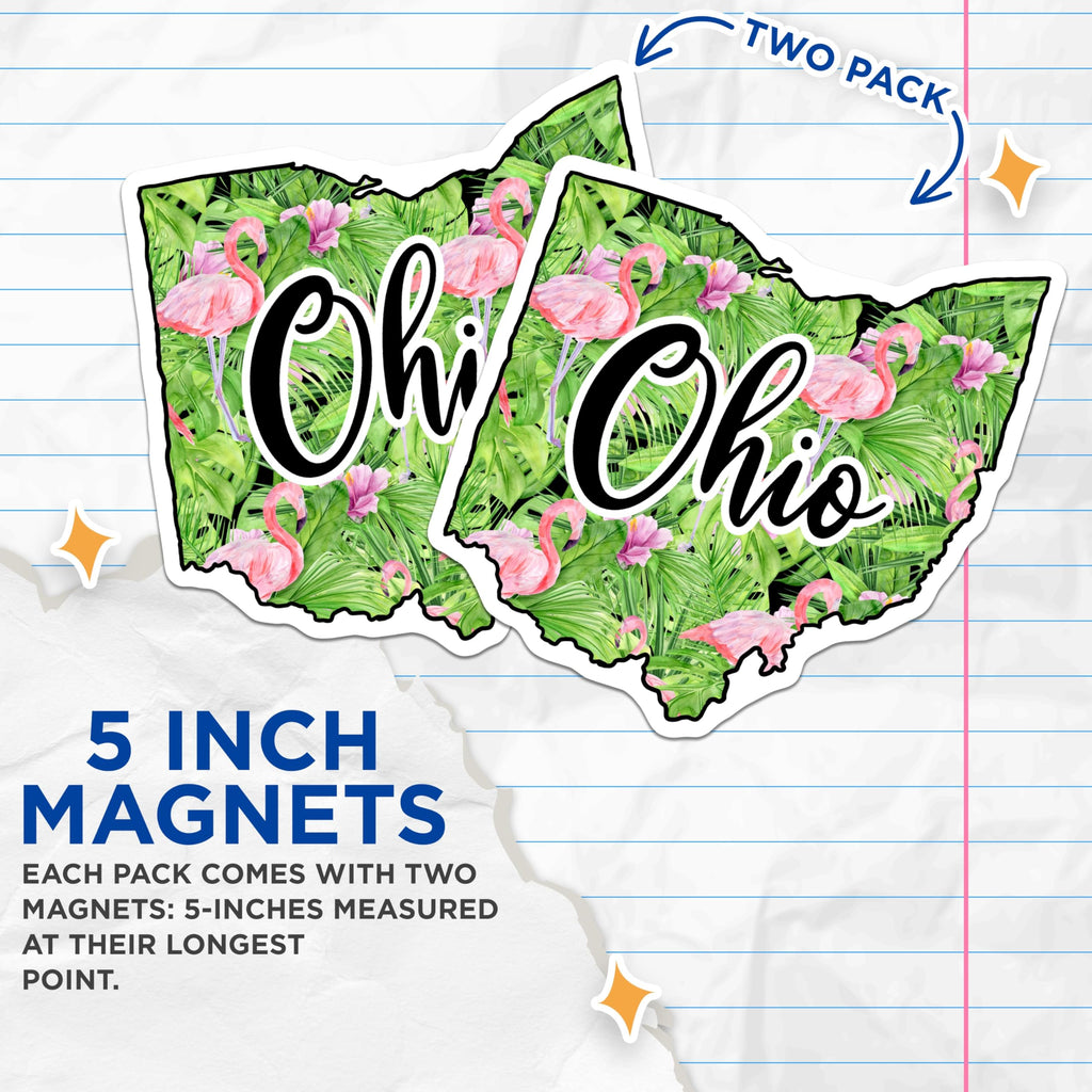 (2 Pack) Ohio Flamingo Magnets - State Pride - Tropical Decor Souvenir - 5" On Longest Side - Premium Magnet - for Cars, Refrigerators, Toolboxes, Lockers - Made in USA - MAG17696