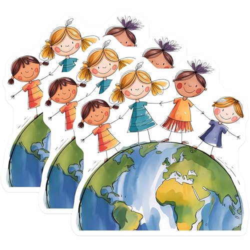 (3 Pack) Kids On World Decals - Earth Day Decals - Children Around Globe Decals - 3 Inches On Longest Side - Easy Peel & Apply - Made in USA - 3MCS7204