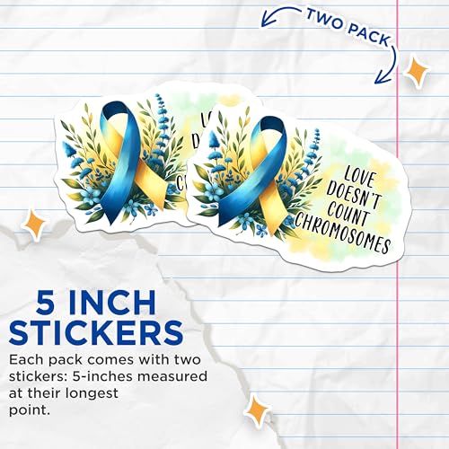 (2 Pack) Love Doesnt Count Chromosomes Stickers - Awareness - Inspirational Quote - 5" On Longest Side - Sticks to Smooth Flat Surfaces - Made in USA - BMCS8201