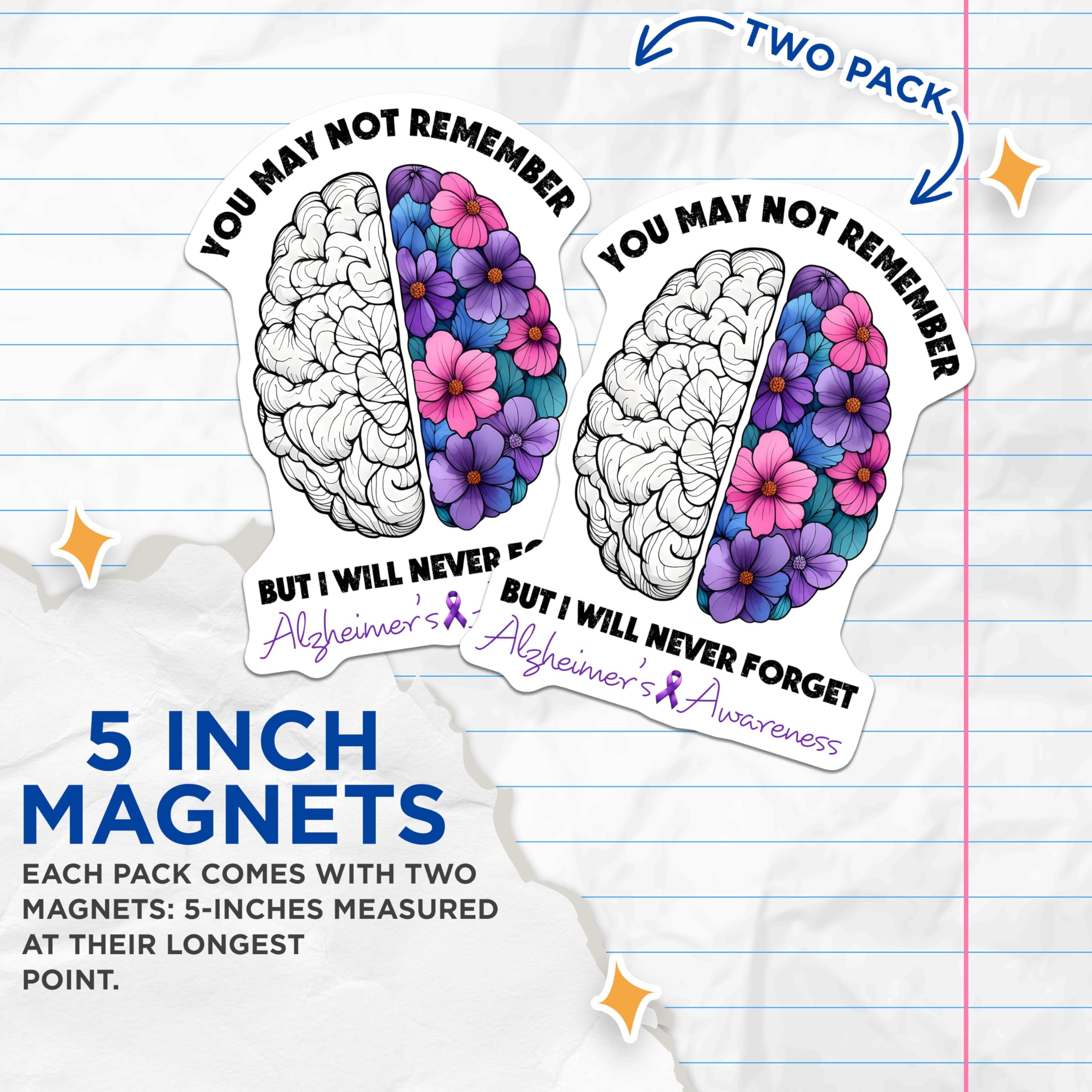 (2 Pack) You May Not Remember But I Will Never Forget Magnet - Brain and Flower Design - 5" On Longest Side - Sticks to Smooth Flat Surfaces - Made in USA - MAG9795