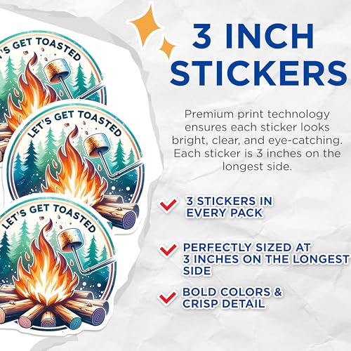 (3 Pack) Lets Get Toasted Decals - Campfire Marshmallow Stickers - Laptop Water Bottle Decals- 3 Inches On Longest Side - Easy Peel & Apply - Made in USA - 3MCS5787