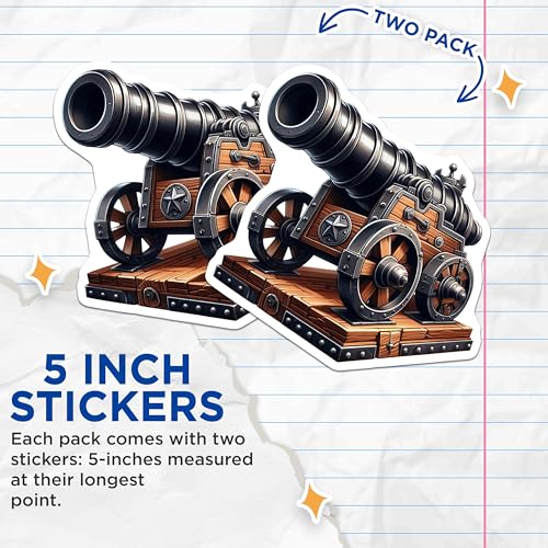 (2 Pack) Classic Cannon Stickers - Vintage Art Sticker Set - Historical Decor - 5" On Longest Side - Sticks to Smooth Flat Surfaces - Made in USA - BMCS6735