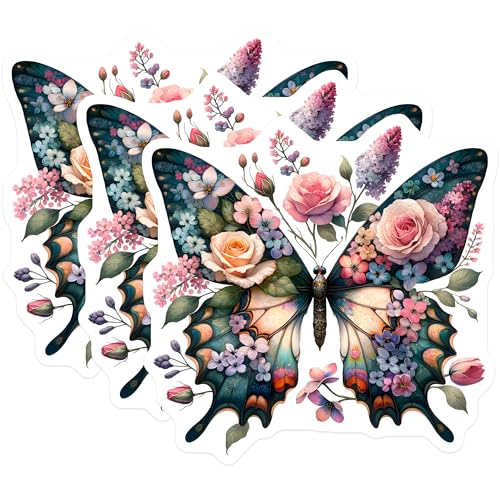 (3 Pack) Floral Butterfly Decals - Nature Inspired Stickers - Laptop Decal - 3 Inches On Longest Side - Easy Peel & Apply - Made in USA - 3MCS0065