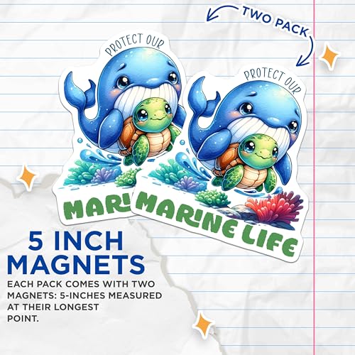 (2 Pack) Protect Our Marine Life Magnets - Cute Whale and Turtle - Environmental Awareness - 5" On Longest Side - for Cars, Fridges, Toolboxes - Made in USA - MAG7953