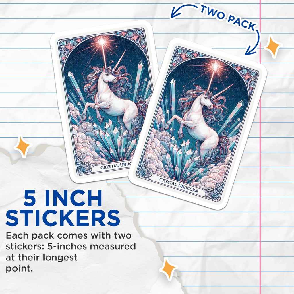 (2 Pack) Crystal Unicorn Stickers - Celestial Fantasy Art - Enchanted Mythical Creature Decor - Sparkle Magic Decals - 5" On Longest Side - Sticks to Smooth Flat Surfaces - Made in USA - BMCS20623