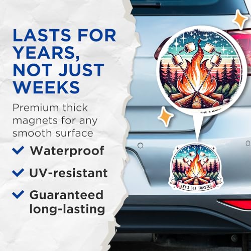 (2 Pack) Campfire Magnets - Lets Get Toasted - Marshmallow Camp Decor - Fun Campfire Decoration Magnets - 5" On Longest Side - for Cars, Fridges, Toolboxes - Made in USA - MAG7016