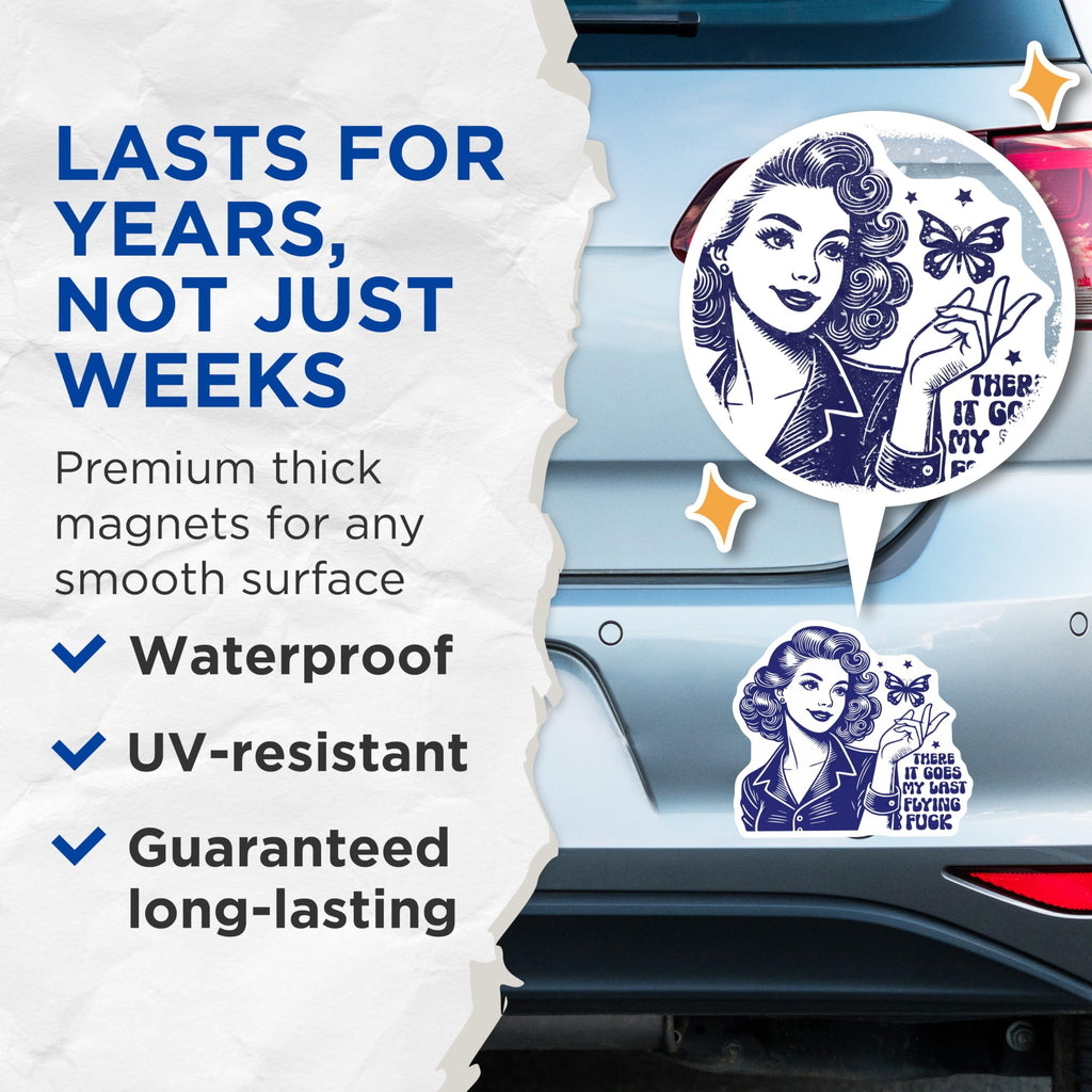 (2 Pack) Retro Lady Magnets - Flying Last Butterfly - Funny Offensive Magnet - 5" On Longest Side - Premium Magnet - for Cars, Refrigerators, Toolboxes, Lockers - Made in USA - MAG16417