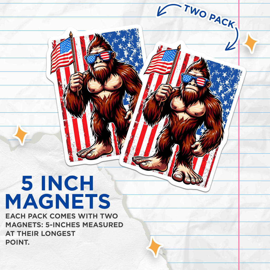 (2 Pack) Patriotic Bigfoot Magnets - Sasquatch Americana Decor - Funny US Flag Cryptid Magnets - 5 Inches On Longest Side - Thick Durable Magnet - Made in USA - MAG21307