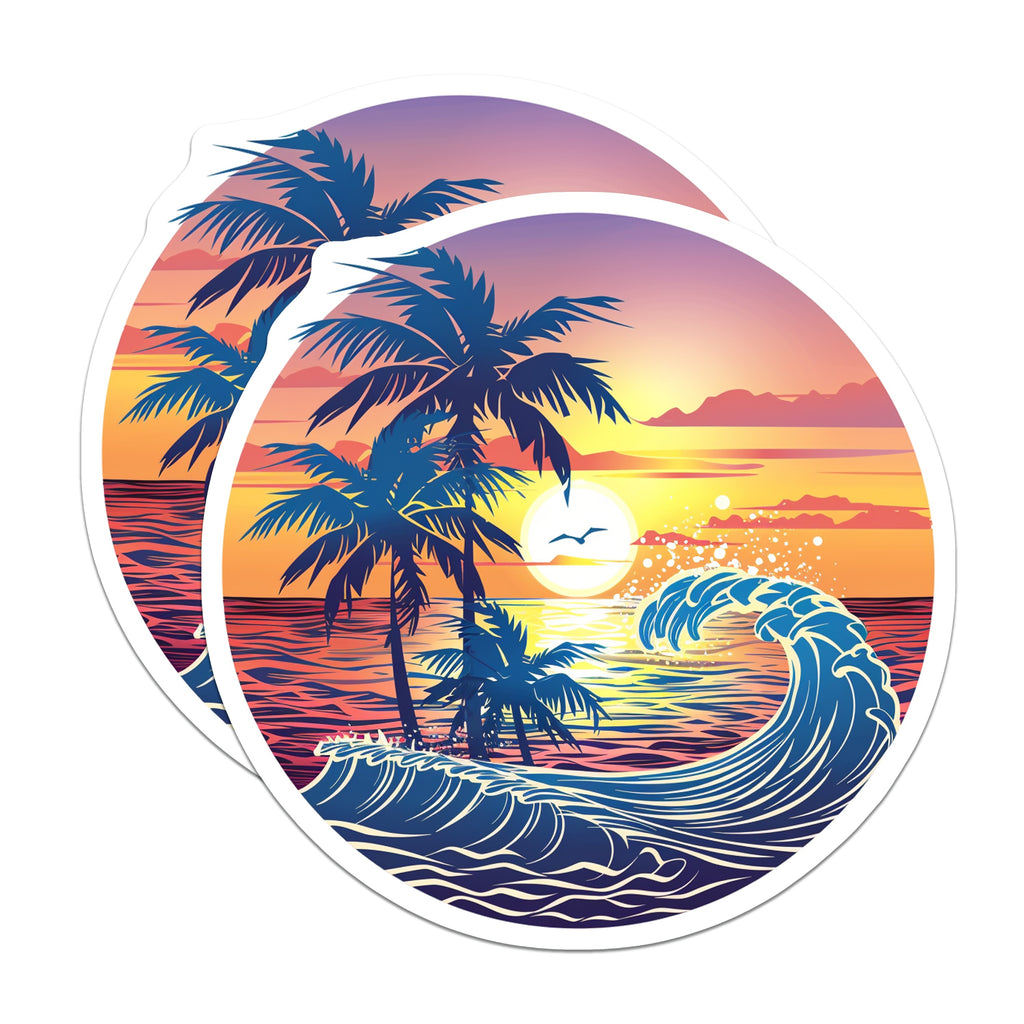 (2 Pack) Tropical Sunset Beach Magnets - Ocean Wave Palm Tree Decor - Summer Island Life Refrigerator Accessories - 5 Inches On Longest Side - Thick Durable Magnet - Made in USA - MAG36911