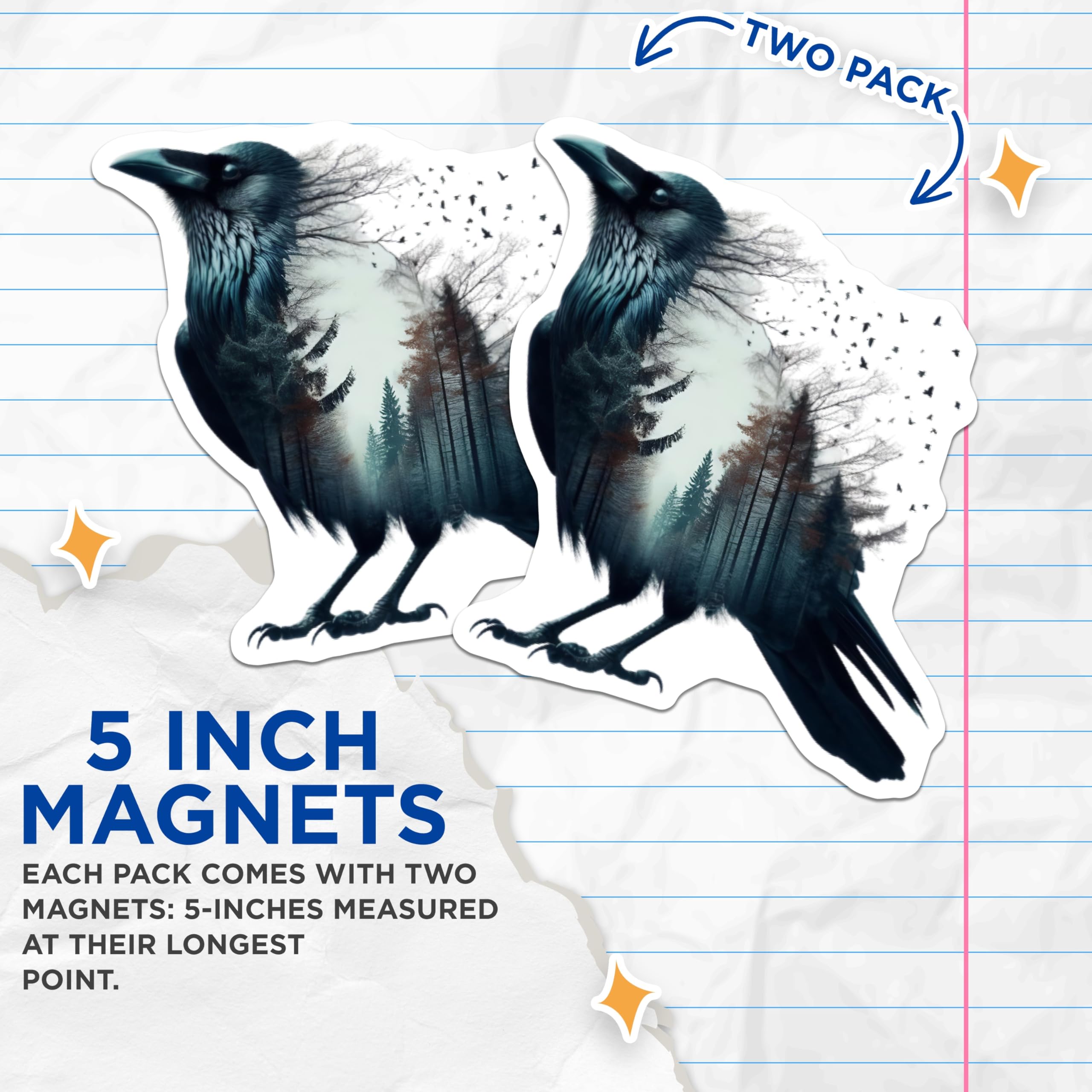(2 Pack) Raven Magnets - Forest Scene Decor - Bird Lover Home Accents - 5" On Longest Side - Premium Magnet - for Cars, Refrigerators, Toolboxes, Lockers - Made in USA - MAG15284