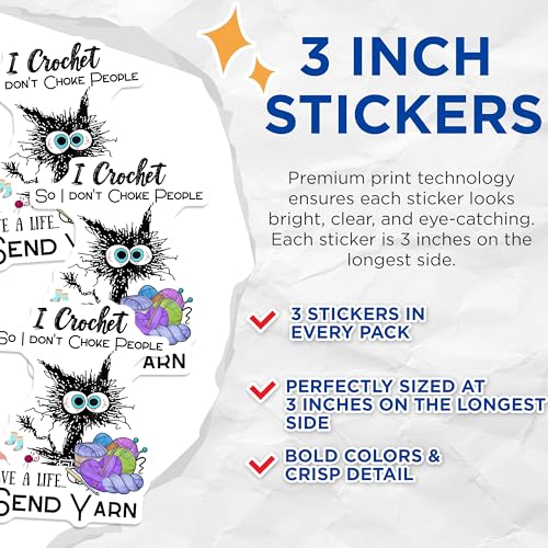 (3 Pack) Crochet Decals - Funny Crochet Lover - I Crochet So I Don't Choke People Laptop Decals - 3 Inches On Longest Side - Easy Peel & Apply - Made in USA - 3MCS2157