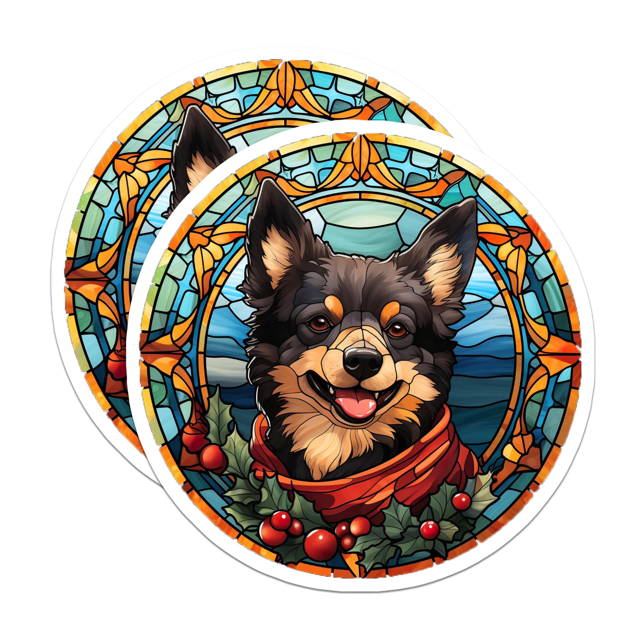 (2 Pack) Stained Glass Dog Magnets - Christmas Pomeranian Art - Festive Pet Lover Decor - Winter Holiday Home Accent - 5 Inches On Longest Side - Thick Durable Magnet - Made in USA - MAG24067