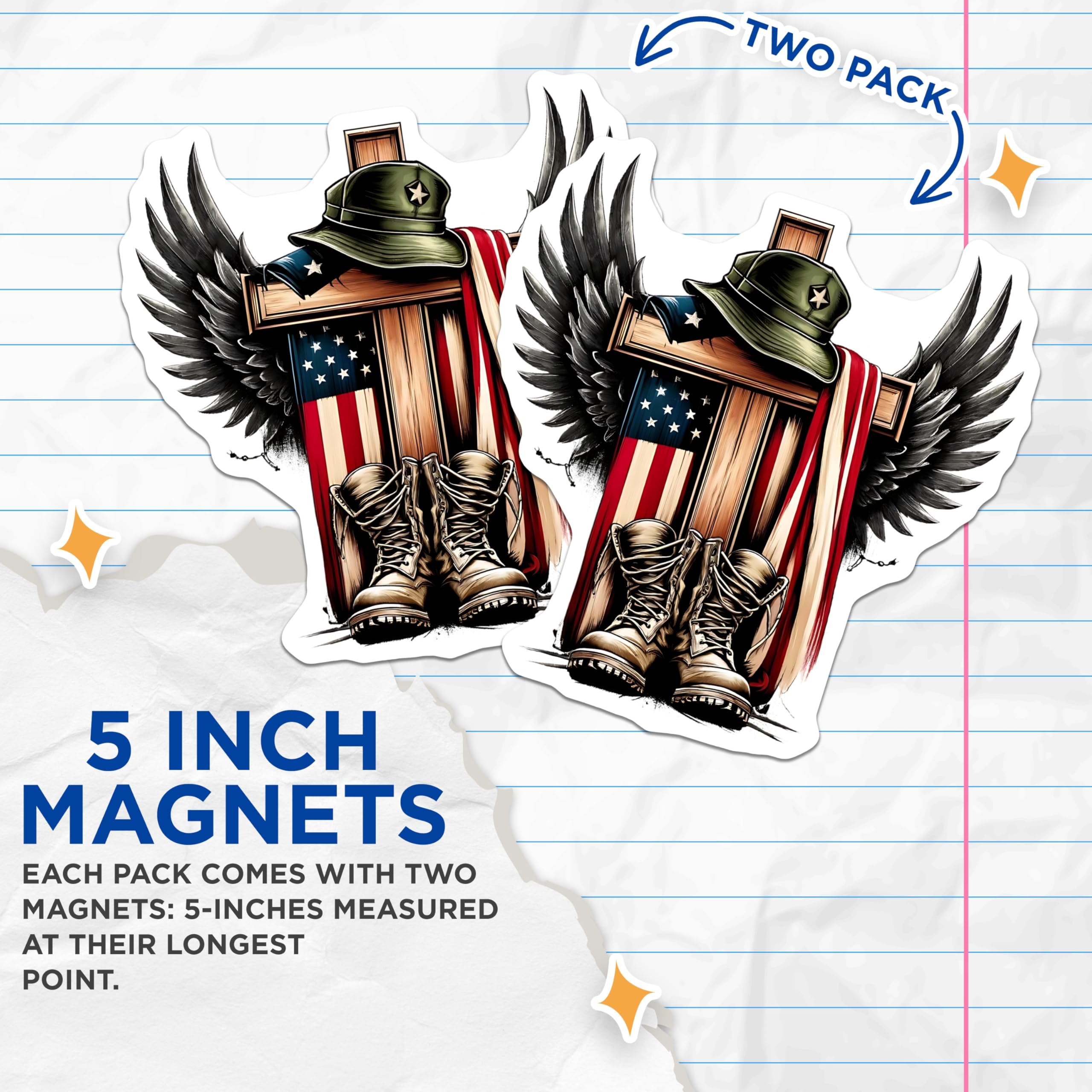 (2 Pack) Patriotic Military Magnets - Memorial Day Magnet - American Flag Wings Boots Hat - 5" On Longest Side - Premium Magnet - for Cars, Refrigerators, Toolboxes, Lockers - Made in USA - MAG14317