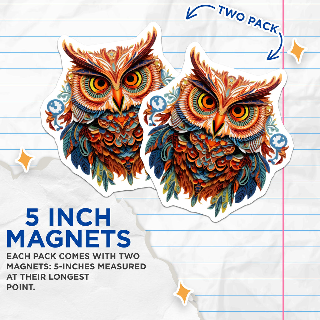 (2 Pack) Intricate Owl Magnets - Colorful Layered Art - Boho Folk Design Wise Bird Decor - 5 Inches On Longest Side - Thick Durable Magnet - Made in USA - MAG37023