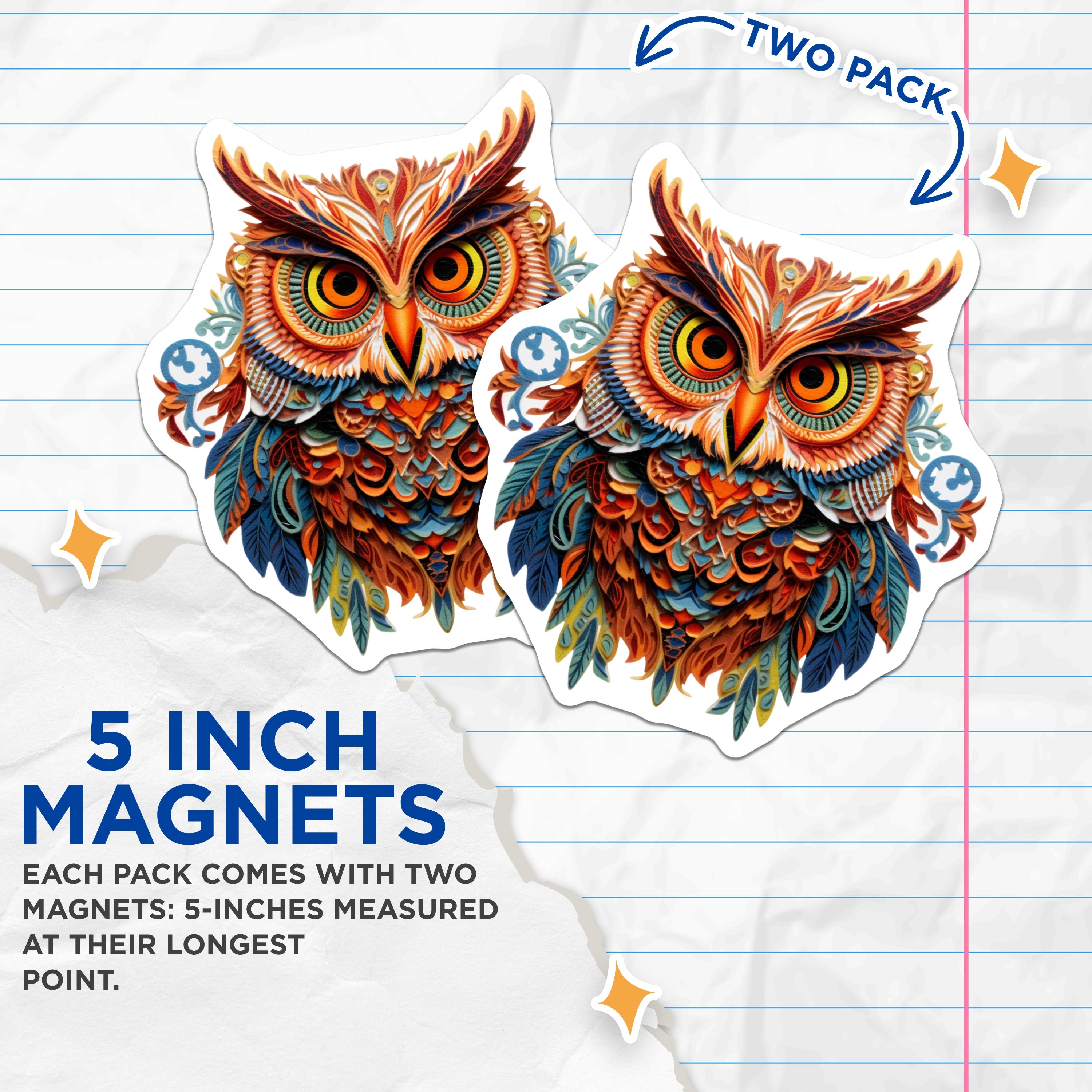 (2 Pack) Intricate Owl Magnets - Colorful Layered Art - Boho Folk Design Wise Bird Decor - 5 Inches On Longest Side - Thick Durable Magnet - Made in USA - MAG37023